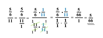 Løsningen av (5/6)/11: Først skrives 11 hele om til 11/1 og den brudne brøken utvides emd 1/11 og nevneren kan forkortes litt og dermed er det kun 5/6 multiplisert med 1/11 i telleren igjen. Svaret er 5/66.